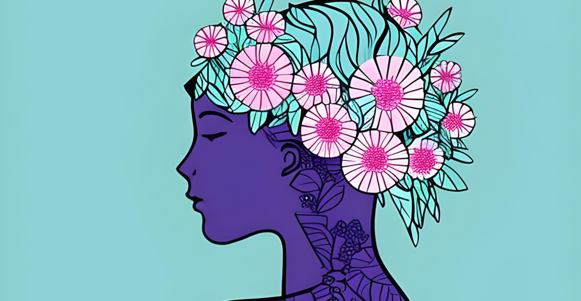 A woman with flowers on her head for mental health