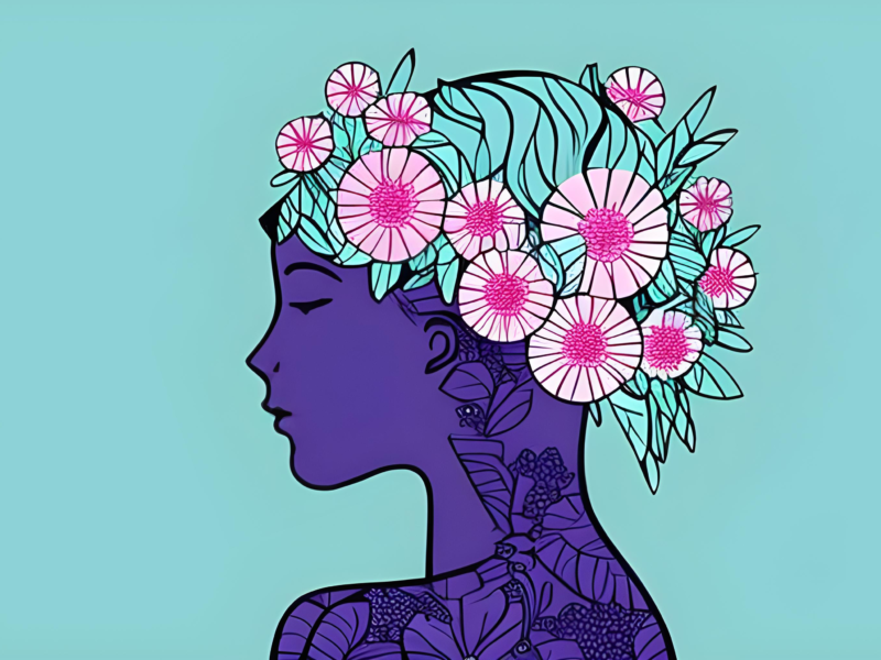 A woman with flowers on her head for mental health