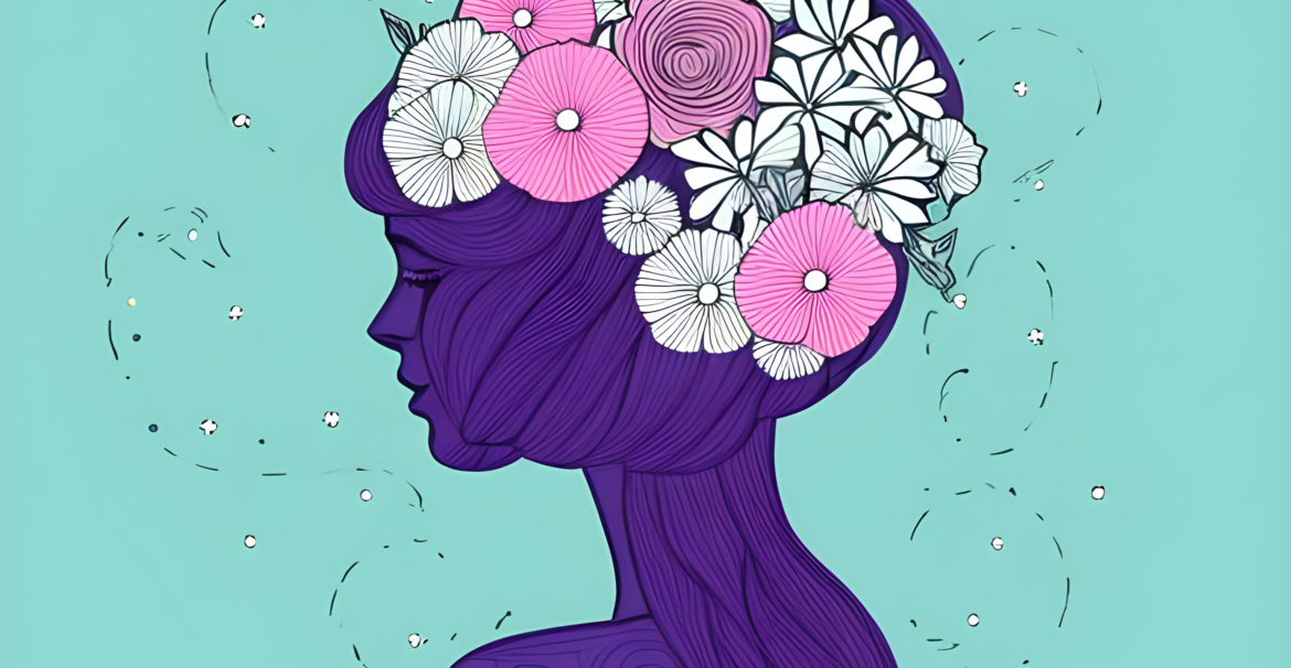 Woman with flowers on her head for depression