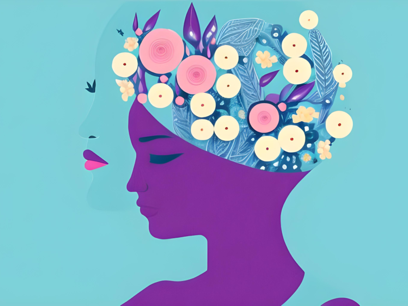 Woman with flowers on her head for mental health